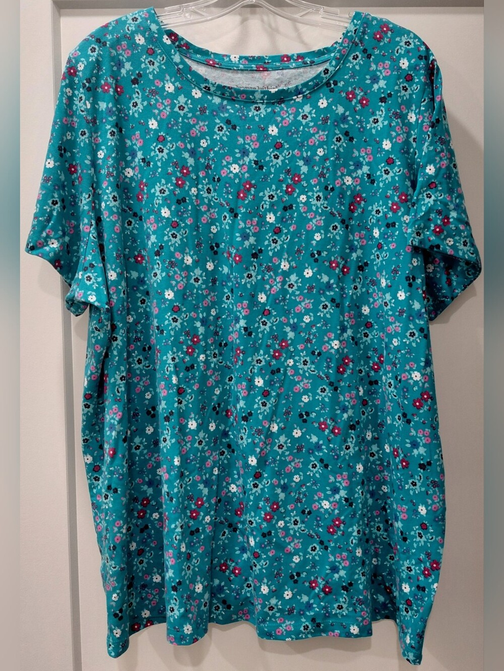 Woman Within 26/28 2X Turquoise Floral Neckline Tee Cotton Cottagecore Summer
